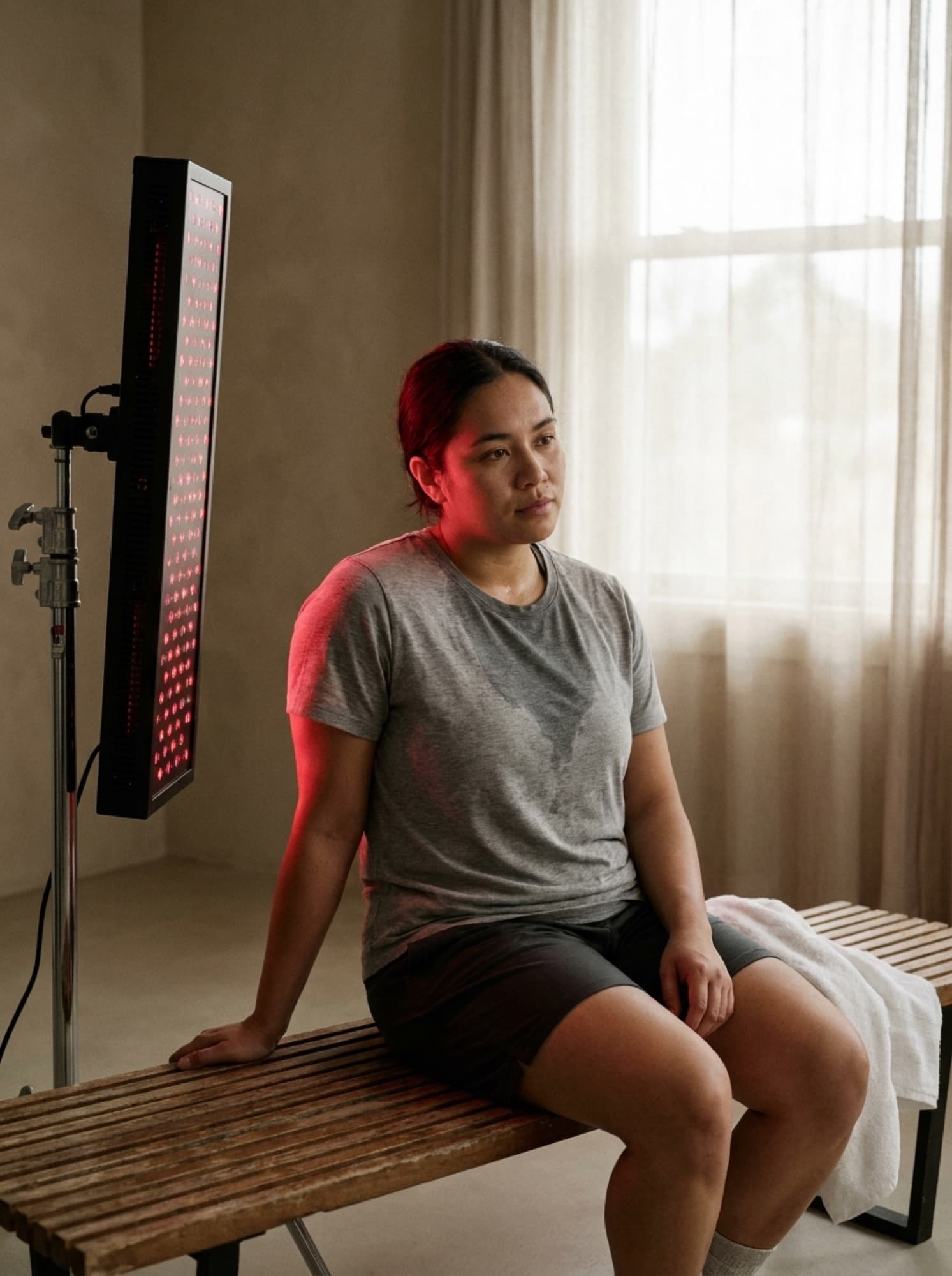A person resting on a bench after exercise beside a red-lit panel