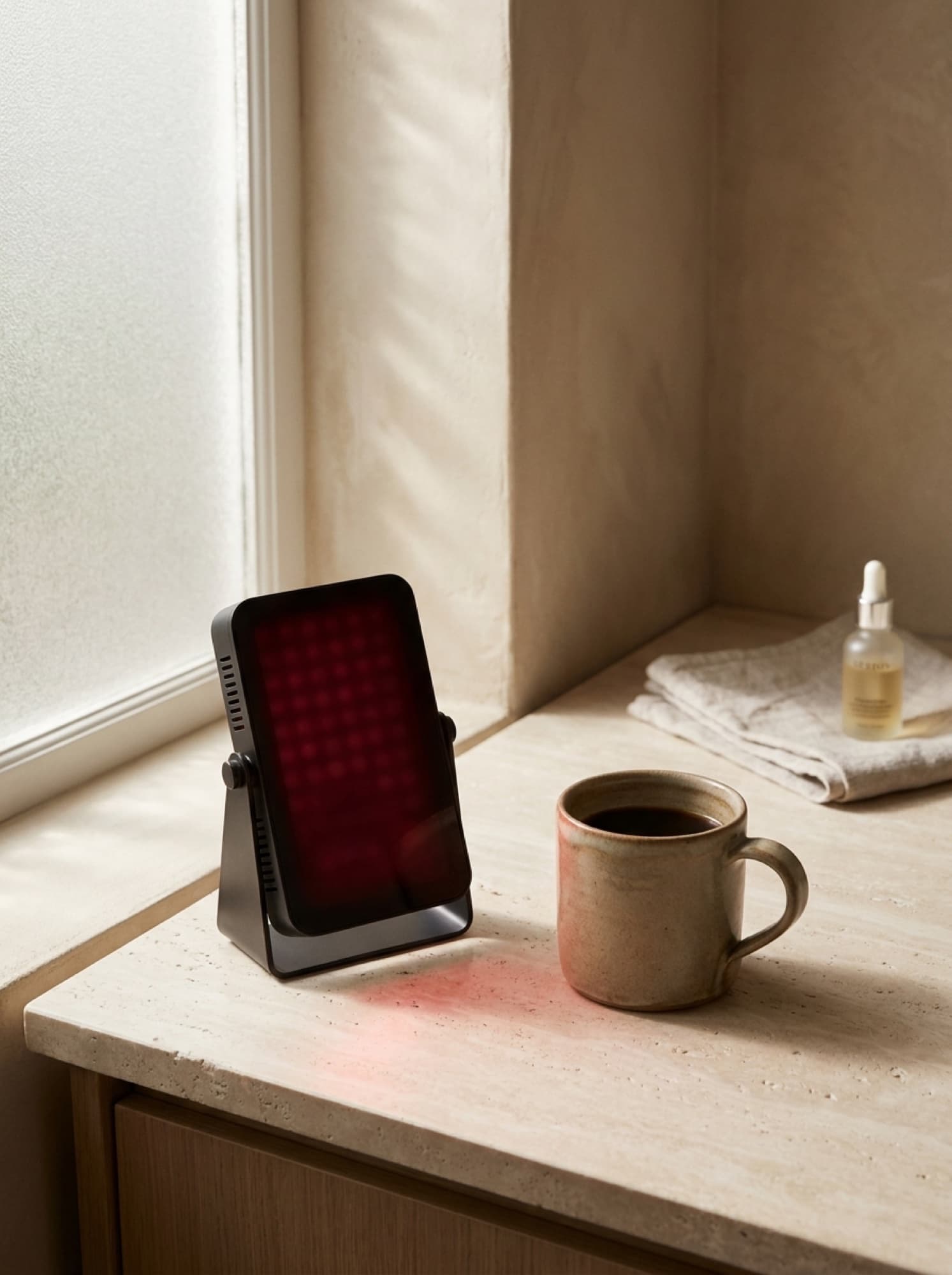 The panel glowing red on a stone counter beside a cup of coffee