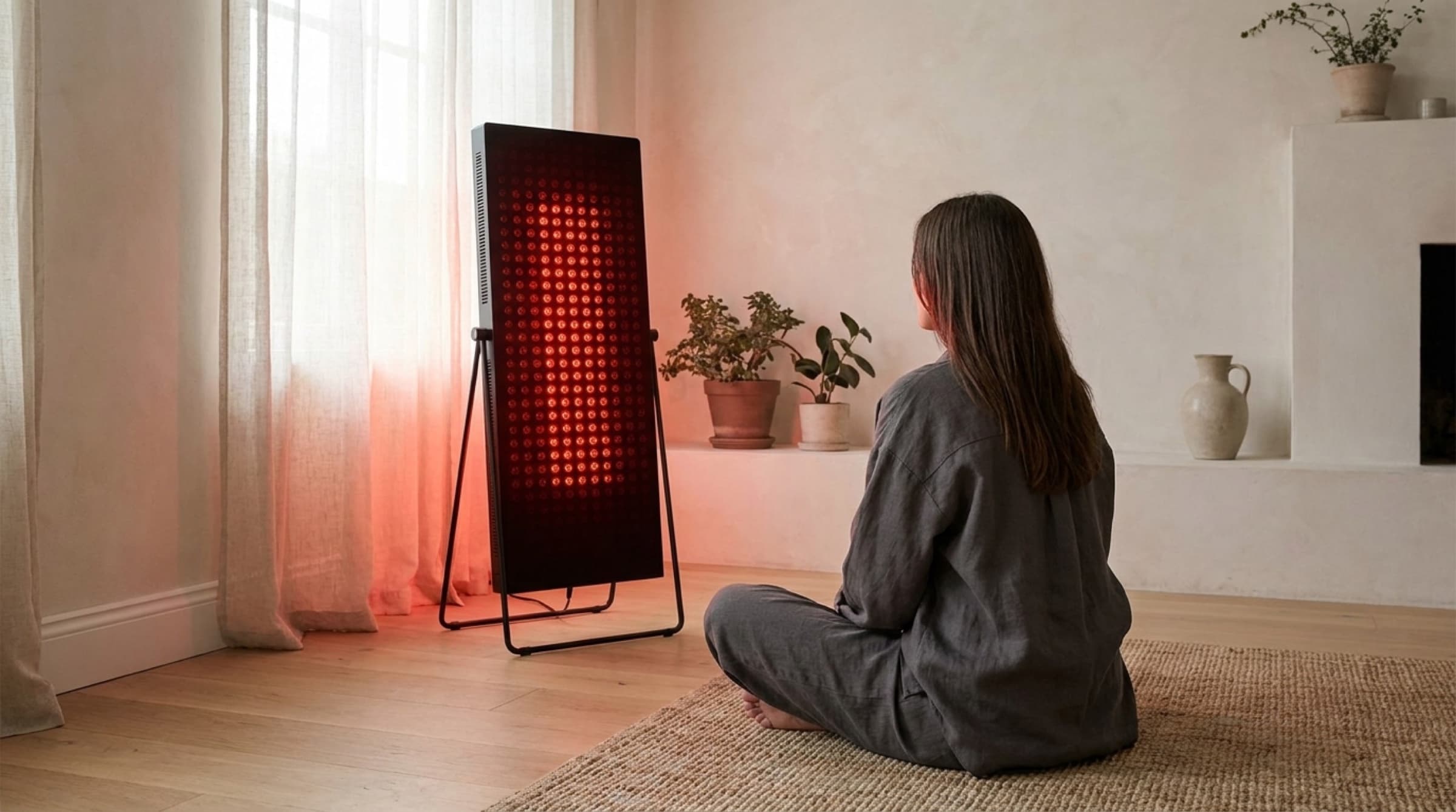 A person sitting on the floor of a calm room facing the red-lit panel on its stand
