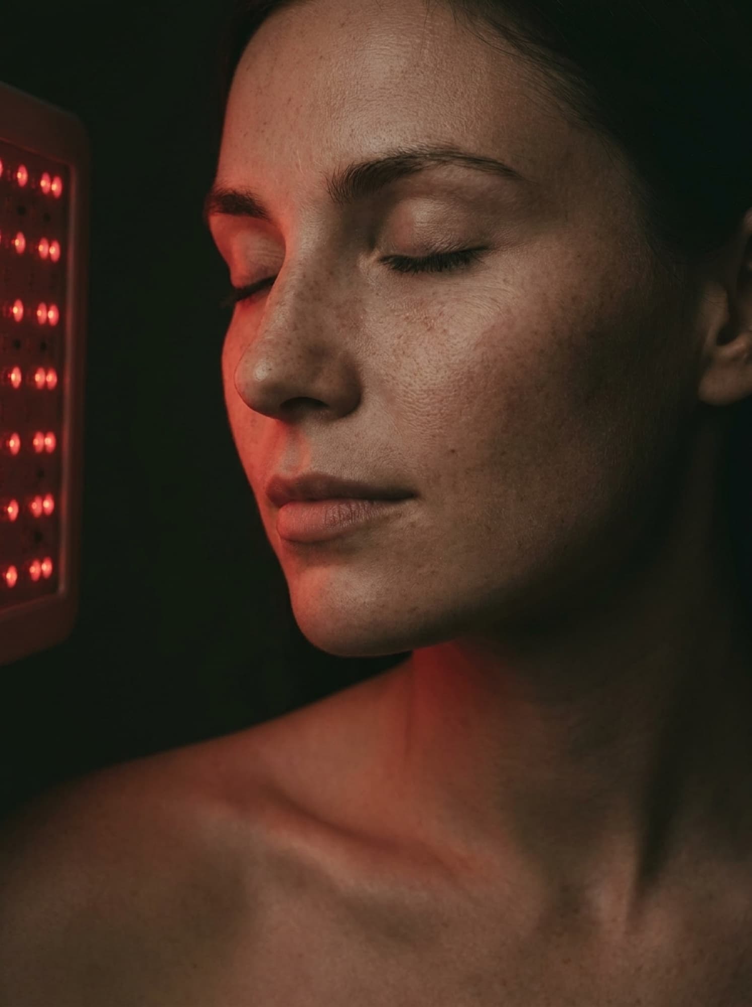 A face lit by a red light panel at the edge of frame, eyes closed